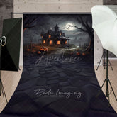 Aperturee - Aperturee Spooky Haunted House Sweep Backdrop Full Moon and Bats on a Dark Night Halloween Photo Studio Floor Drop
